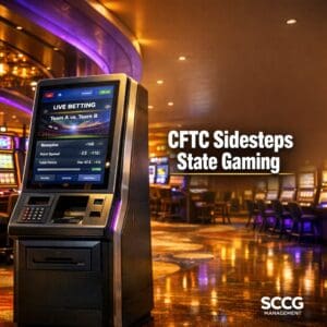 Sleek betting kiosk on a vibrant casino floor displaying live event contract odds under bright directional light.