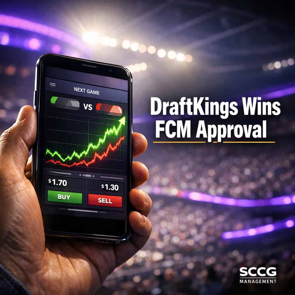 Mobile betting app on smartphone screen displaying live prediction market with surging upward price lines under bright arena lighting.