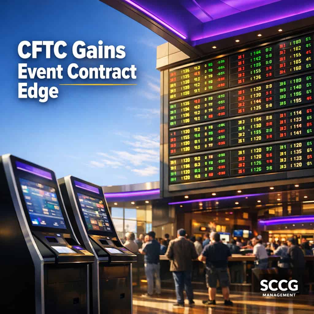 Large glowing sportsbook odds board displaying real-time prediction market lines inside a vibrant casino floor under bright daylight.