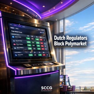 Busy sportsbook counter with a hand completing a live cash transaction beside a glowing self-service betting terminal under bright daylight.