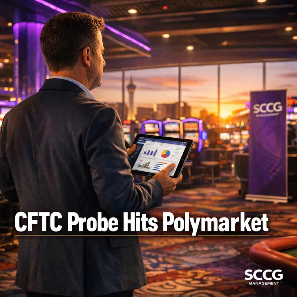 Compliance officer on a luminous casino slot floor reviews regulatory dashboards on a tablet under bright daylight.
