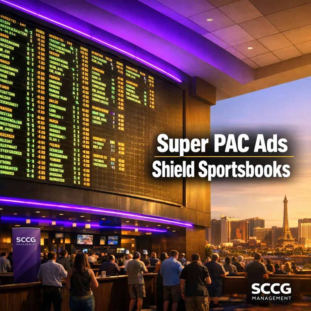 Large illuminated sportsbook odds board dominating a sunlit betting concourse floor.