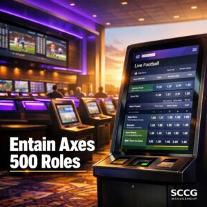 Bright busy UK sportsbook floor with glowing betting terminals displaying live football odds under strong directional light.