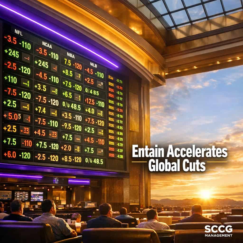 Large digital odds board glowing with live betting lines inside a vibrant casino sports lounge under bright directional light.