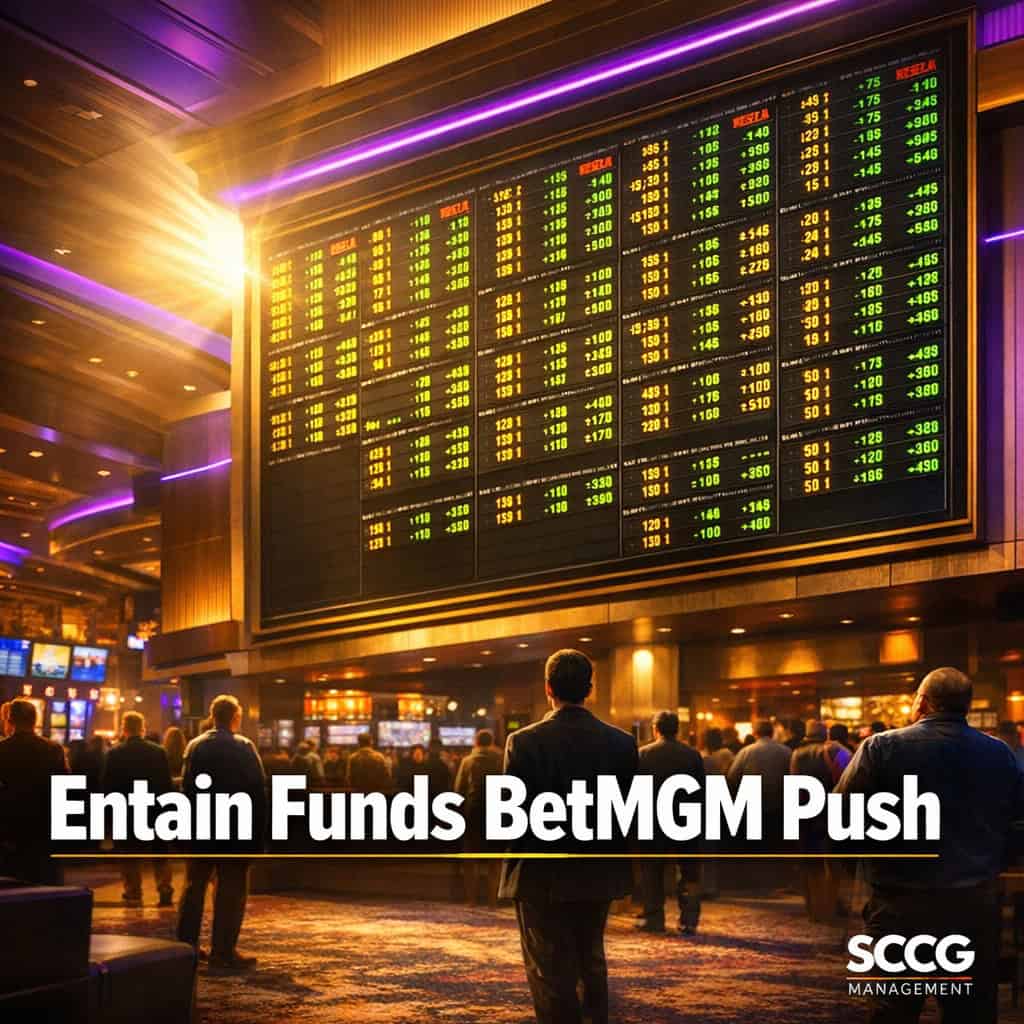 Large glowing sportsbook odds board displaying live betting lines on a vibrant casino floor.