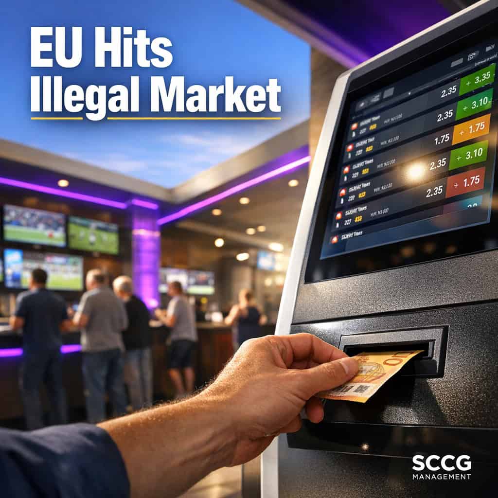 Hand inserting euro note into self-service betting terminal inside a busy European gambling shop with live odds displayed.