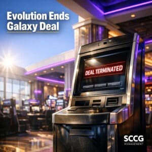 Modern betting kiosk on a vibrant casino floor displaying deal terminated status on its screen under bright directional light.
