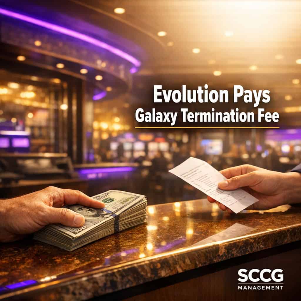 Casino cage cash desk mid-transaction with thick stack of bills being counted under bright directional light on a lively gaming floor.