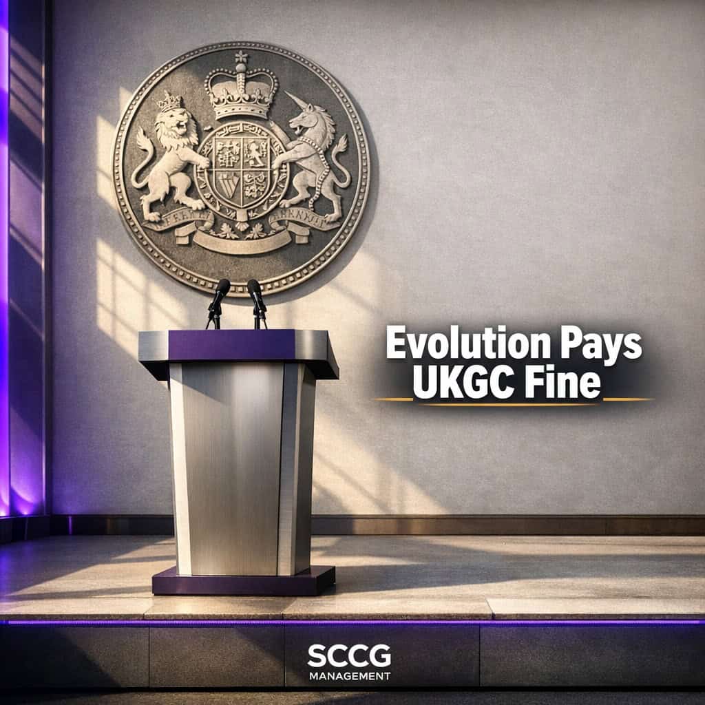 UK Gambling Commission press lectern on a brightly lit stage with official seal behind, representing the regulatory fine that halted Evolution's Galaxy Gaming acquisition.