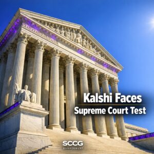 Dramatic low-angle view of the United States Supreme Court building under bright blue skies highlighting its iconic marble architecture.
