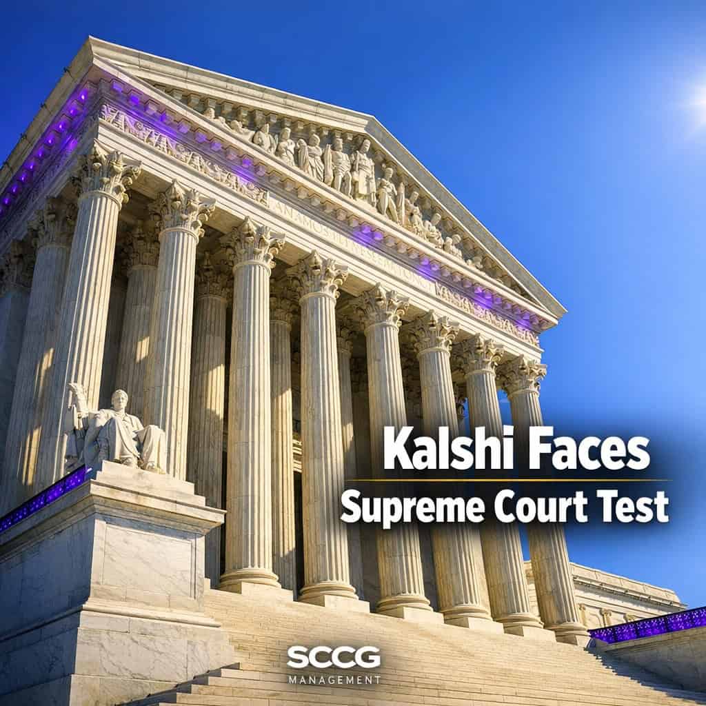 Dramatic low-angle view of the United States Supreme Court building under bright blue skies highlighting its iconic marble architecture.