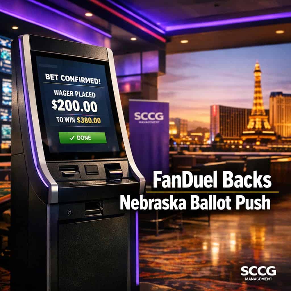 Self-service betting kiosk on a casino floor displaying an active wager confirmation under bright directional lighting.