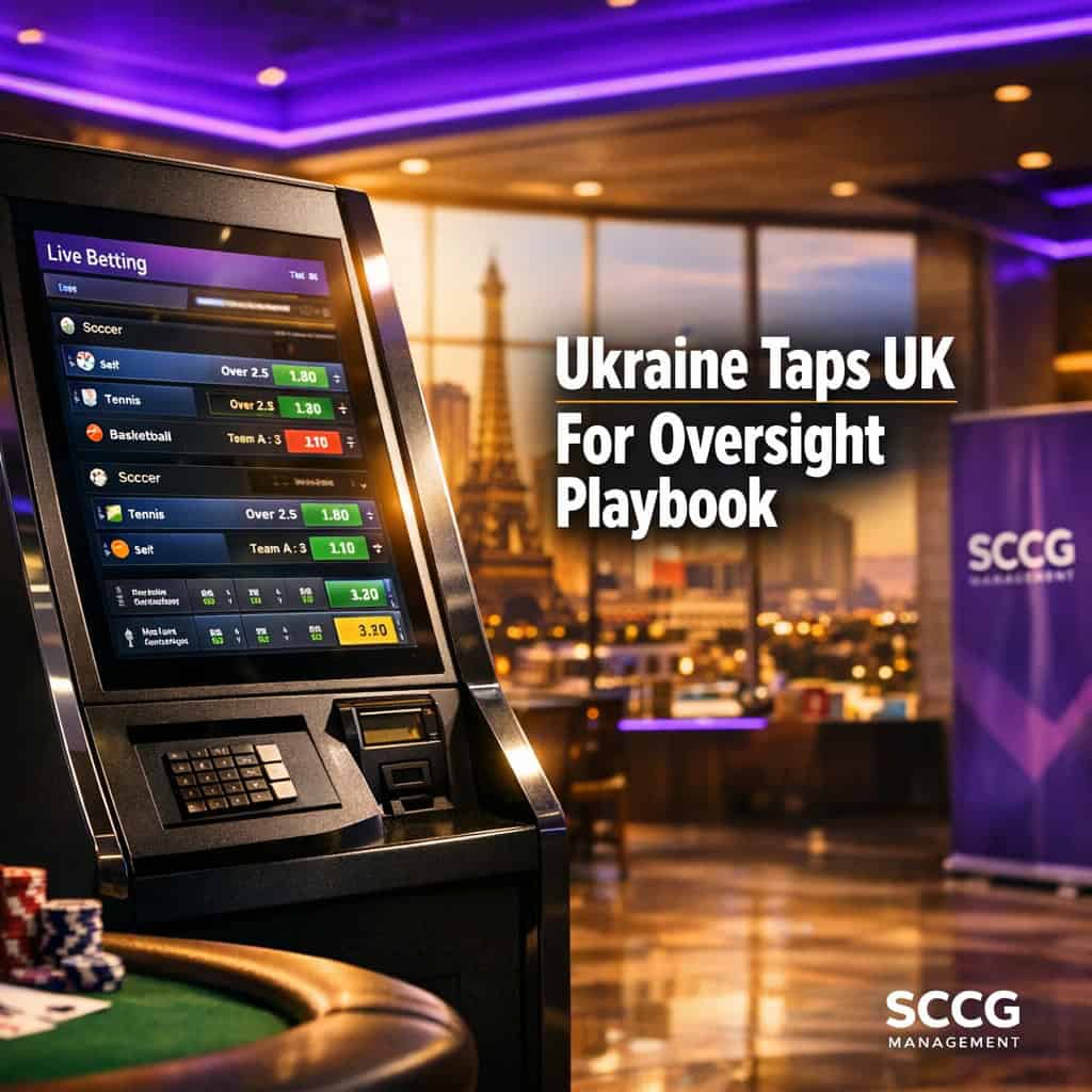 Close-up of a self-service betting kiosk screen displaying active sports betting options in a brightly lit casino concourse.