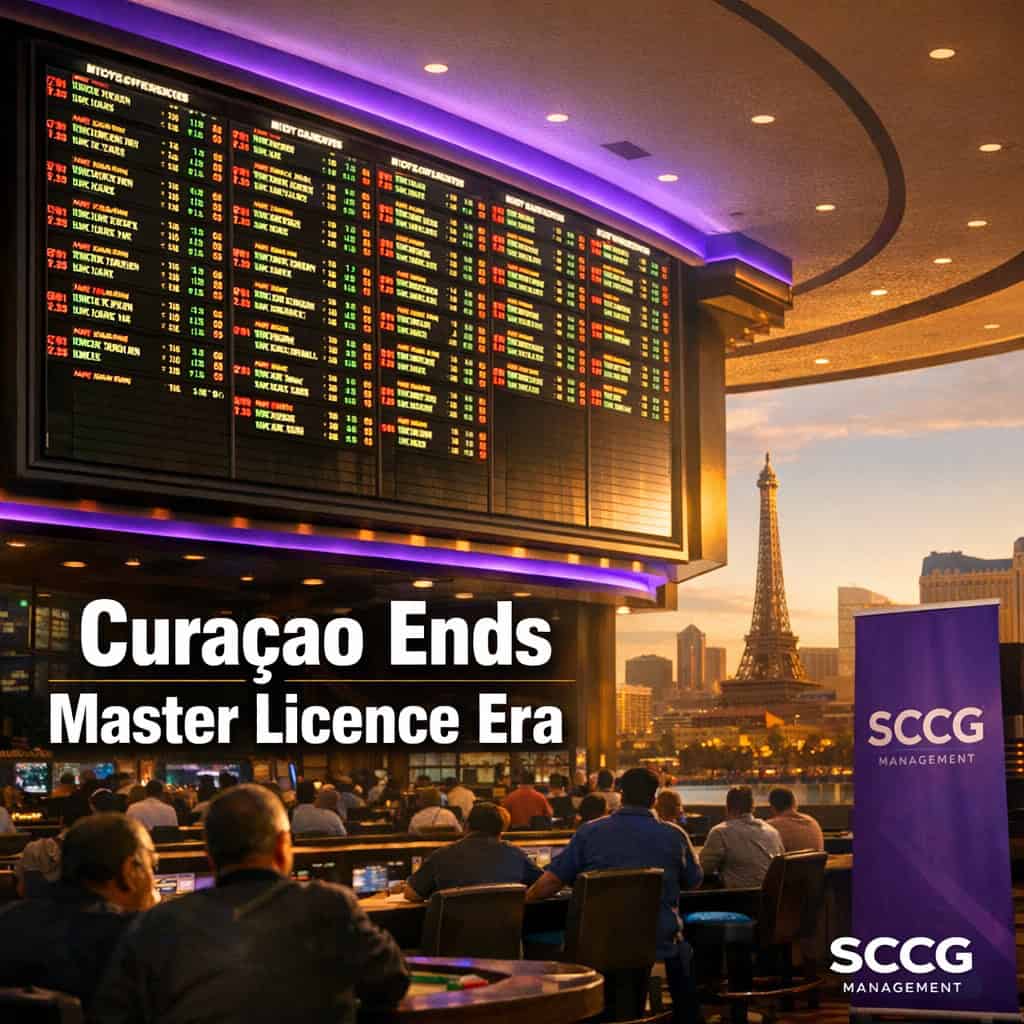 Brightly lit sportsbook odds board glowing over a busy casino floor under strong daylight.