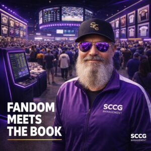Stephen A. Crystal at a packed sports-fan festival where jersey memorabilia and a live sportsbook odds kiosk share the floor, illustrating the Fanatics Fest customer-acquisition flywheel