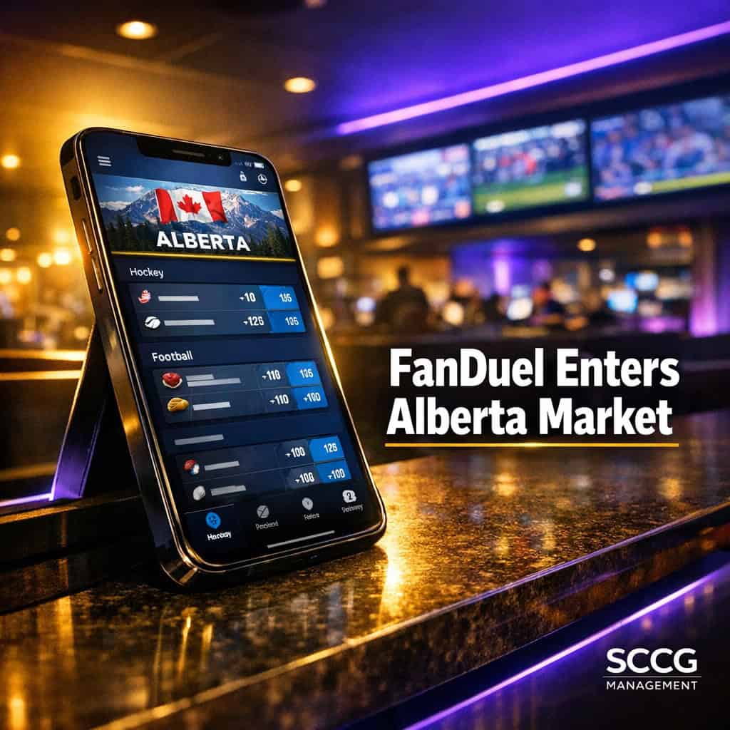 Smartphone displaying FanDuel app on a sports betting kiosk counter in a vibrant Alberta casino lounge.