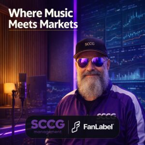 Stephen Crystal of SCCG Management in a music studio and trading-floor scene, with the SCCG and FanLabel co-branded lockup