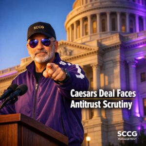 Regulator at a statehouse podium under bright sunlight delivers announcement on Caesars Entertainment antitrust scrutiny amid the $17.6 billion Fertitta acquisition.