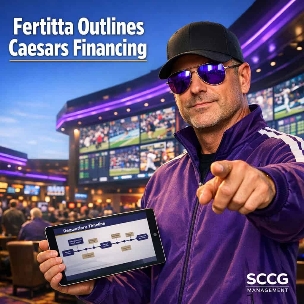 Man in purple SCCG track jacket stands commandingly on a lively casino sportsbook floor pointing forward while holding a regulatory timeline tablet as Fertitta outlines Caesars takeover financing.