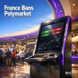 Modern betting kiosk on a vibrant casino floor displaying live prediction market odds under bright directional light.