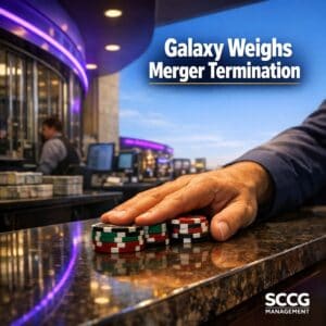 Casino cage cash desk mid-transaction with chips sliding across the counter in bright daylight.