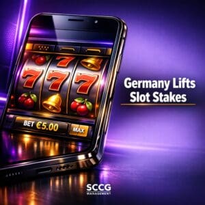 Smartphone displaying an online slots game interface set to a €5 stake per spin under Germany's new regulatory limits.