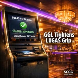 Self-service betting terminal on a bright casino floor displaying active LUGAS compliance verification and deposit monitoring screen.