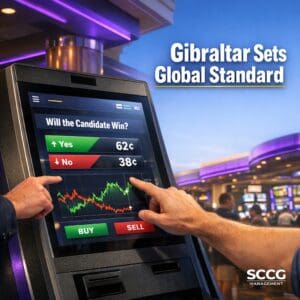 Self-service betting kiosk on a busy casino floor displaying live prediction market contracts and updating prices.