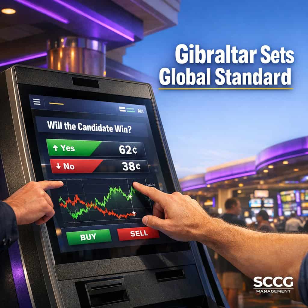 Self-service betting kiosk on a busy casino floor displaying live prediction market contracts and updating prices.