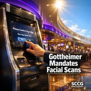 Self-service betting kiosk on a busy casino floor with a hand placing a wager on the age-verification-enabled touchscreen.