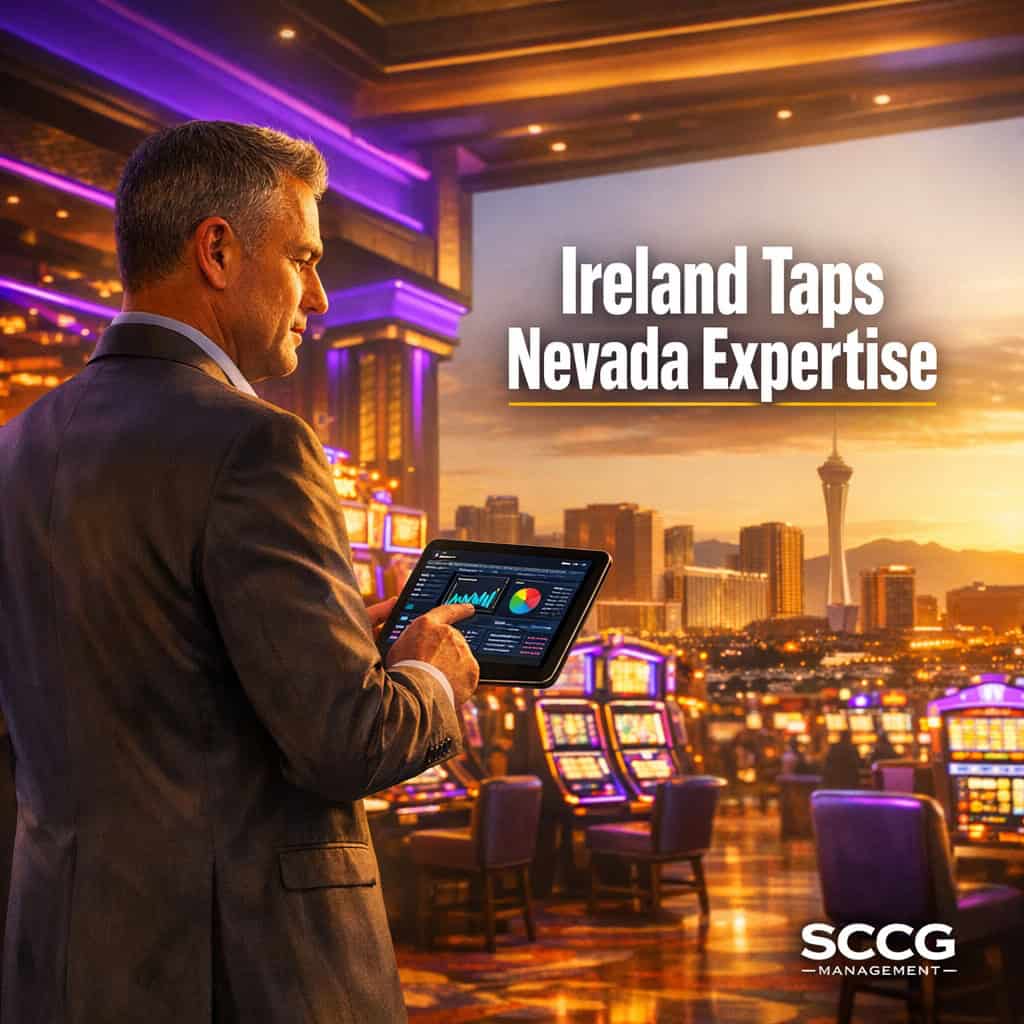 Compliance officer on a vibrant casino slot floor reviews live regulatory data on tablet under bright directional light.