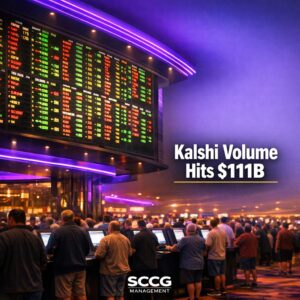 Large glowing sportsbook odds board with surging betting lines above a busy casino floor filled with active patrons at terminals.