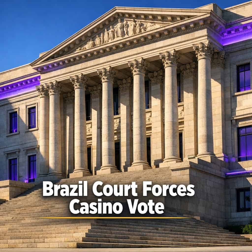 Supreme Federal Court building in Brasilia under bright daylight, evoking the landmark ruling on Brazil's 1941 casino ban.