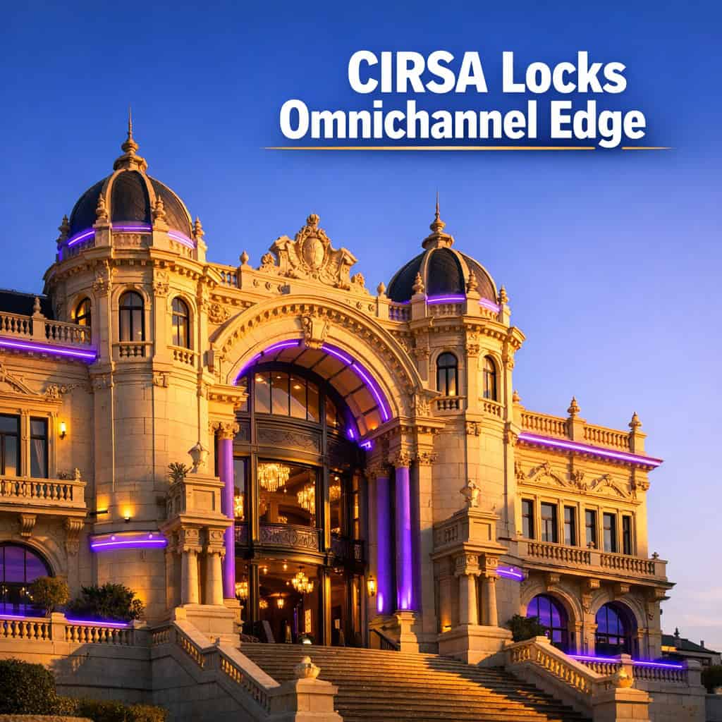 Ornate historic facade of Casino Figueira da Foz bathed in golden sunlight, capturing CIRSA's strategic omnichannel expansion through landmark land-based acquisition.