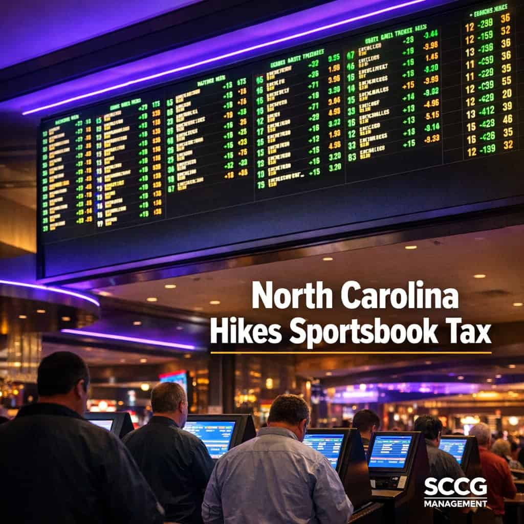 Large glowing sportsbook odds board above a busy casino floor with patrons at self-service betting terminals.