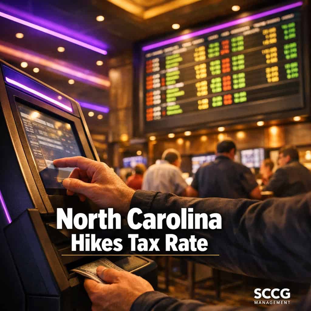 Busy North Carolina sportsbook counter with a hand placing a bet at a self-service terminal and glowing odds board in the background.