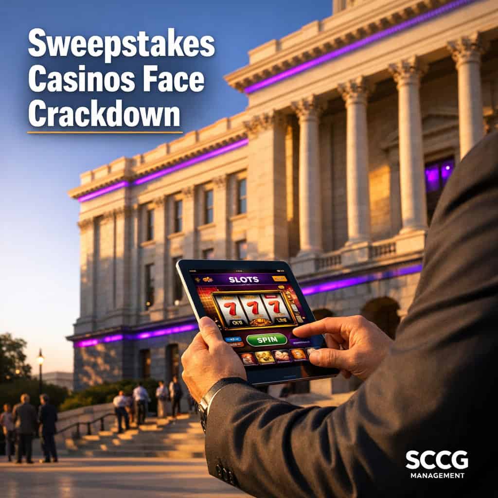 Statehouse exterior in bright sunlight with compliance officer reviewing a sweepstakes casino interface on a tablet at the capitol steps.