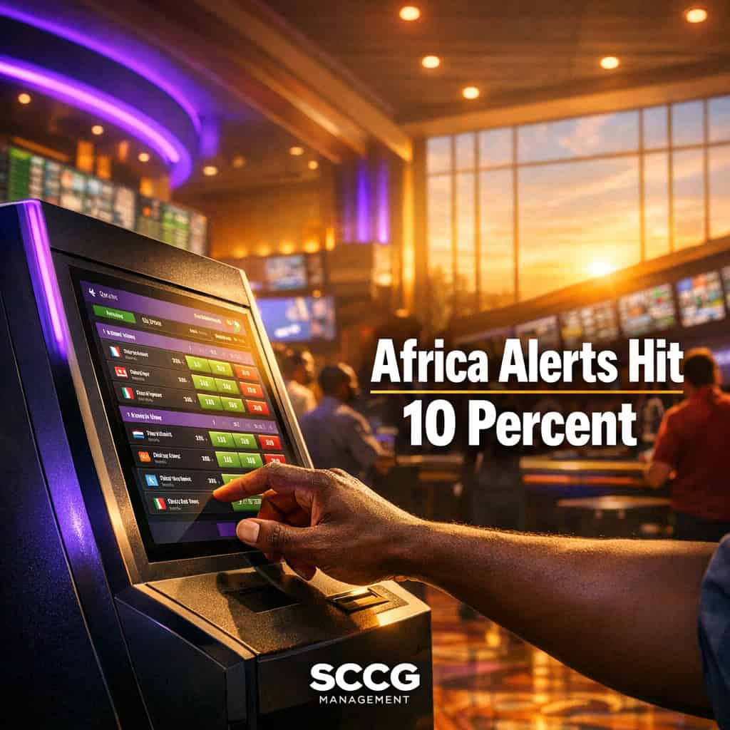 Busy African casino sportsbook floor with self-service betting terminal showing live odds as a hand places a wager under bright golden light.