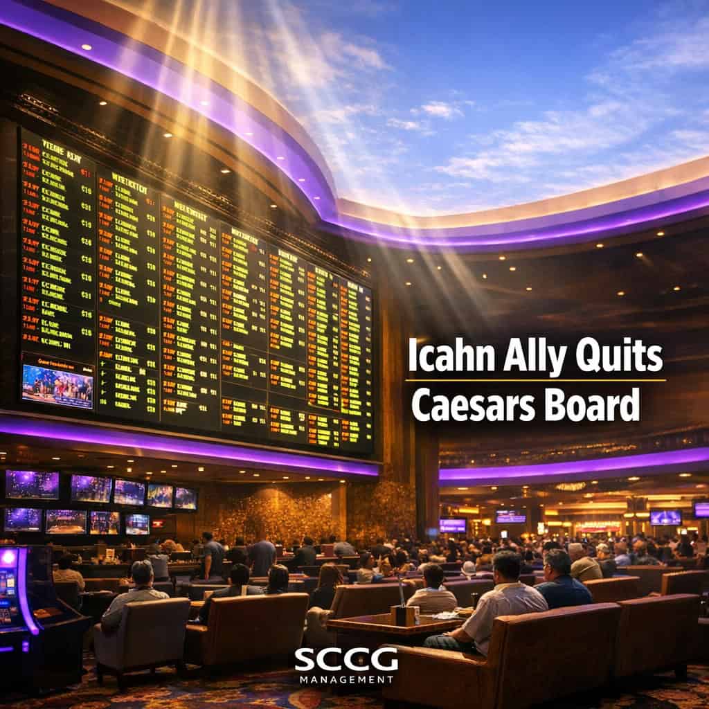 Large glowing sportsbook odds board on the busy floor of Caesars Entertainment casino under bright directional light.