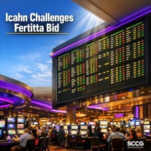 Large glowing sportsbook odds board overlooking a vibrant busy casino floor with active slot machines.