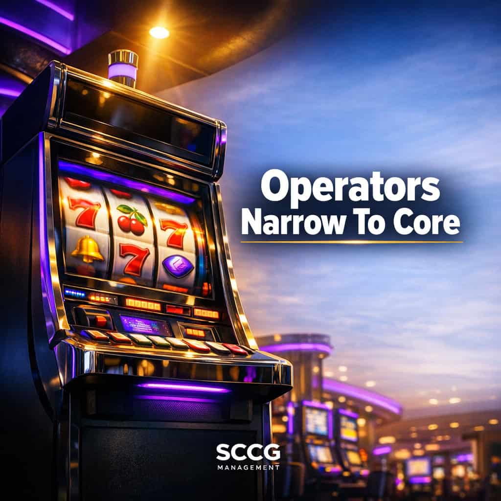 Sleek slot machine on a brightly lit casino gaming floor with vibrant spinning reels under dramatic directional light, signaling industry consolidation and narrowed focus.