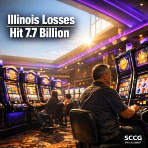 Busy Illinois casino slot floor with rows of active machines glowing under bright daylight, conveying massive scale of 2025 gambling losses.