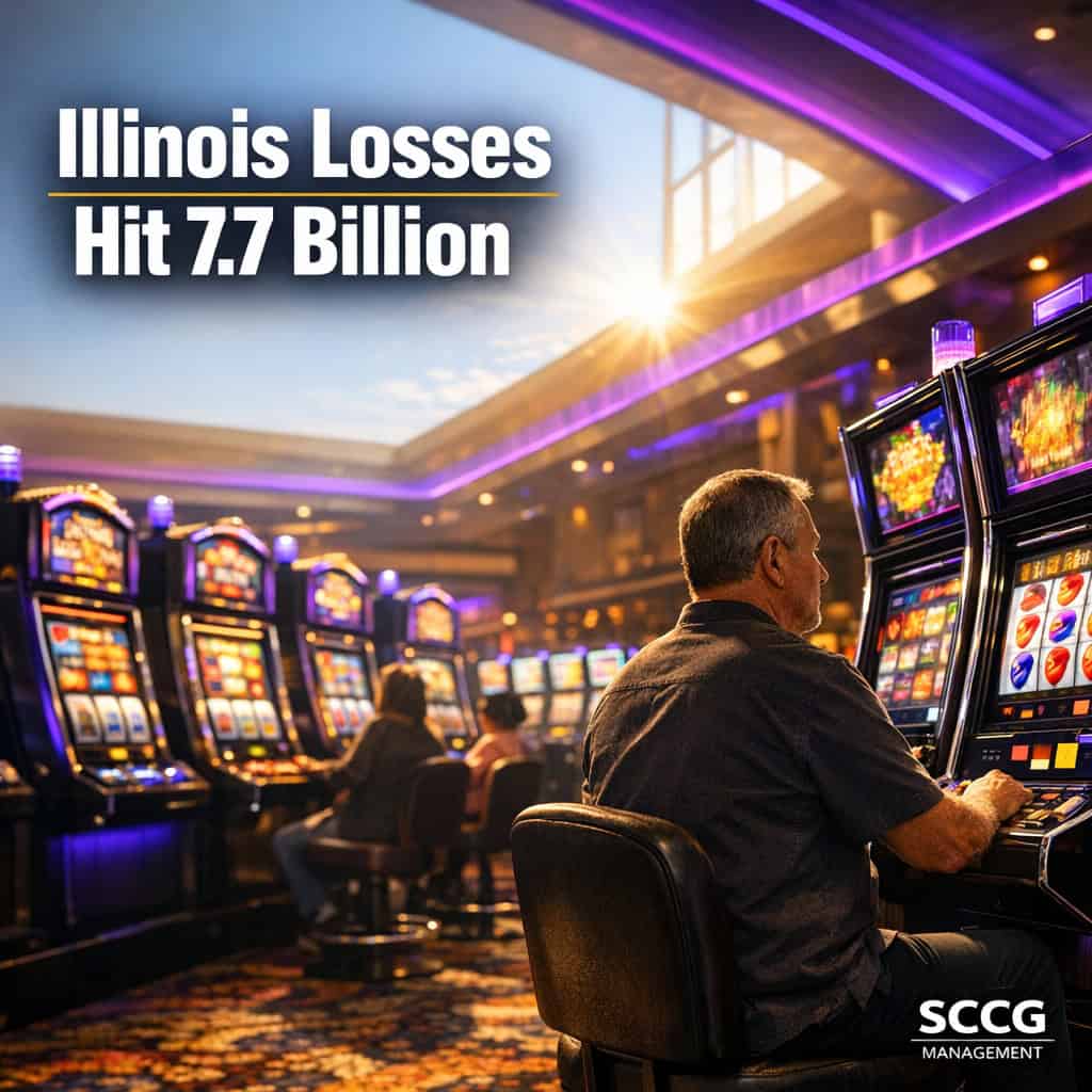 Busy Illinois casino slot floor with rows of active machines glowing under bright daylight, conveying massive scale of 2025 gambling losses.