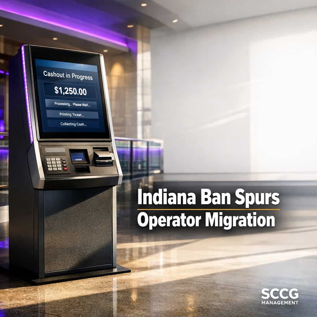 Self-service betting terminal on a bright concourse showing an active transaction screen.