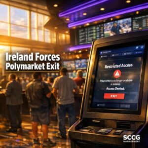 Busy Irish sportsbook betting kiosk terminal displaying restricted access on its screen under bright casino floor lighting.