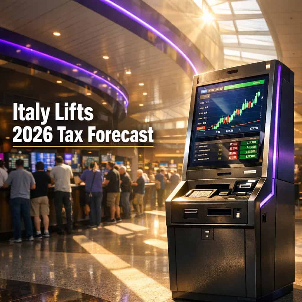 Self-service betting terminal on a busy Italian concourse with active live betting screen showing surging numbers under bright daylight.