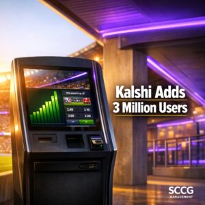 Self-service betting terminal screen showing surging green volume bars and live FIFA World Cup odds under bright golden stadium light.