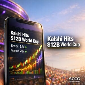 Smartphone screen showing Kalshi prediction market app with surging World Cup trading volume graphs against a vibrant stadium crowd.