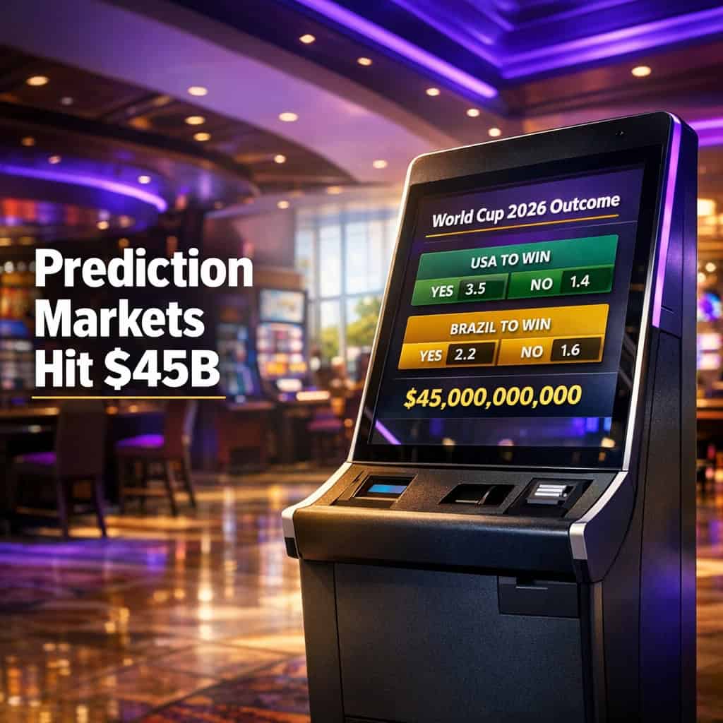 A modern betting terminal on a sunlit casino floor displays a live World Cup 2026 prediction market contract showing record $45 billion volume.