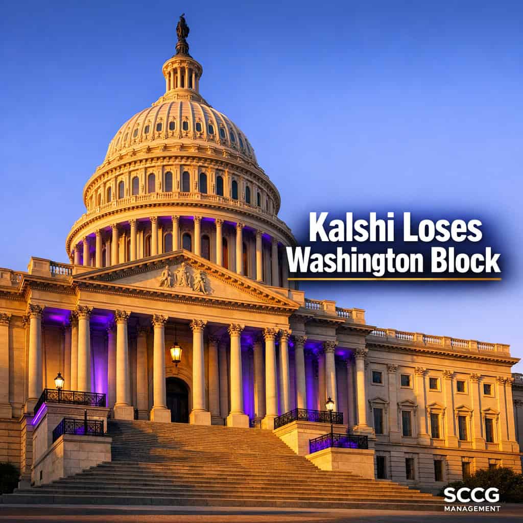 State capitol building exterior bathed in bright golden-hour light, conveying regulatory weight after Kalshi loses Washington block.